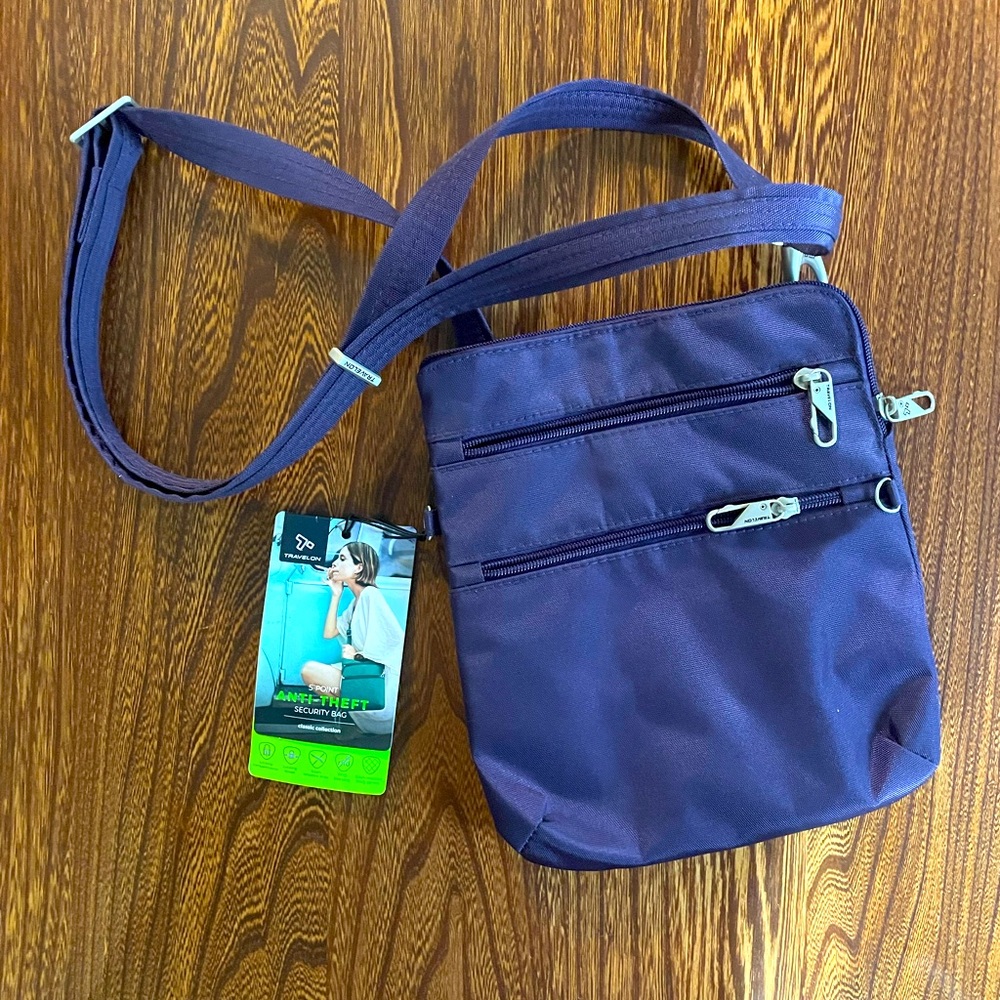 NWT Travelon Anti-theft Classic Slim Dbl Zip Crossbody Bag, Purple